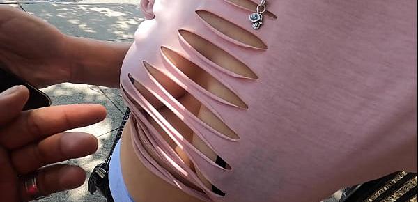  Wife with pasties cut up shirt and no bra in public